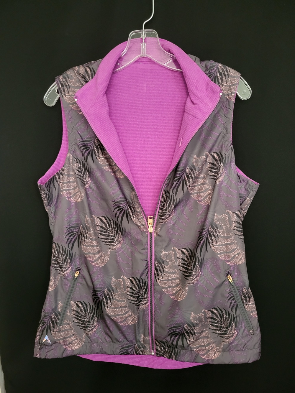 Antigua Reversible Quilted Vest in Purple and Gray Palm Print